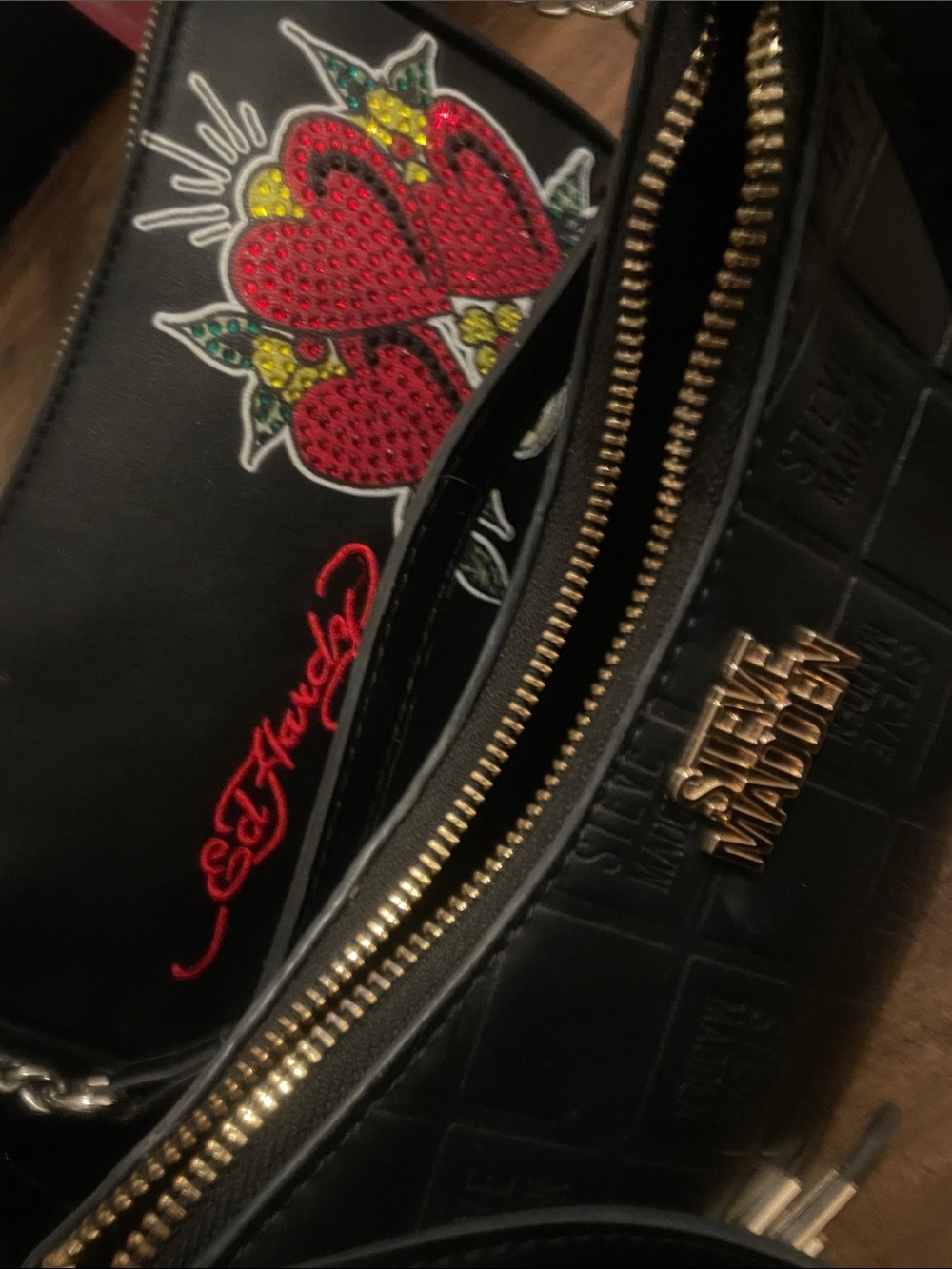 Ed Hardy and Steve Madden with Red Floral Embellishment and Gold Hardware
